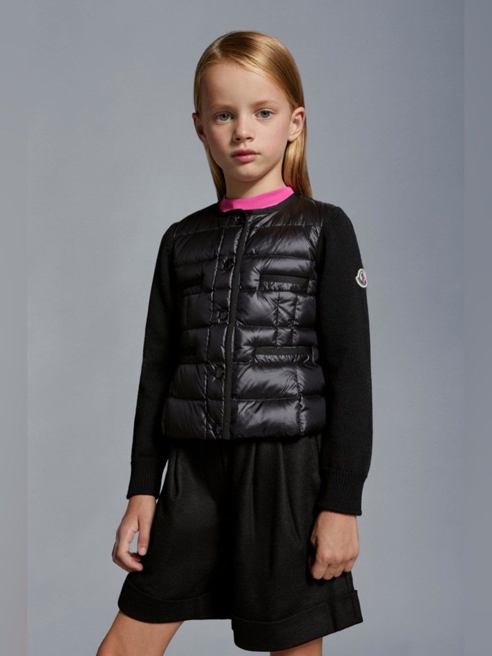Moncler girls Black Quilted down jacket with Knit Sleeves